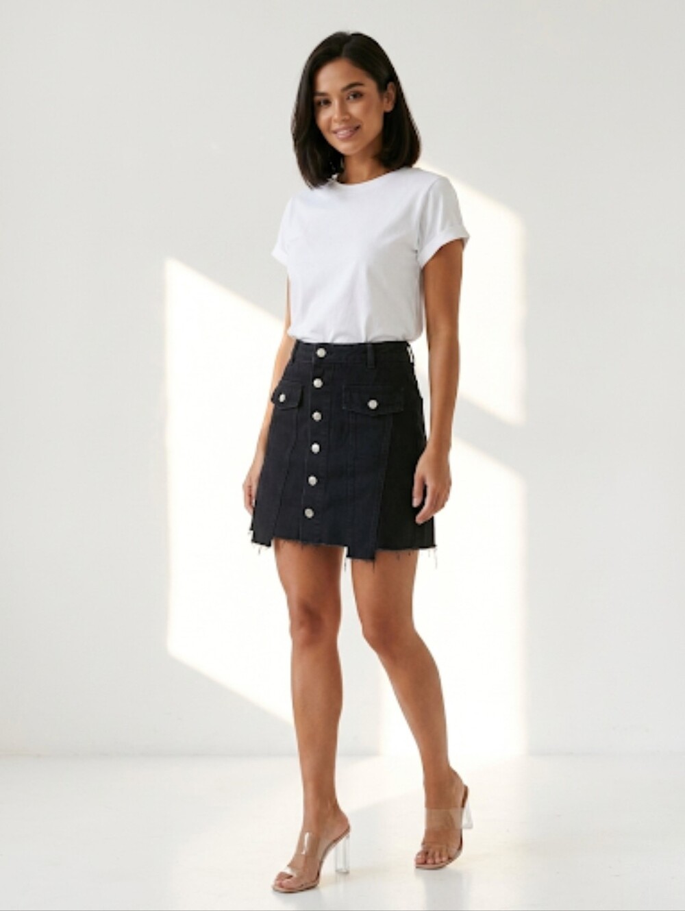 ZARA Denim Button Front Mini Skirt Distressed Raw Hem Cargo Pocket Flap Size XS